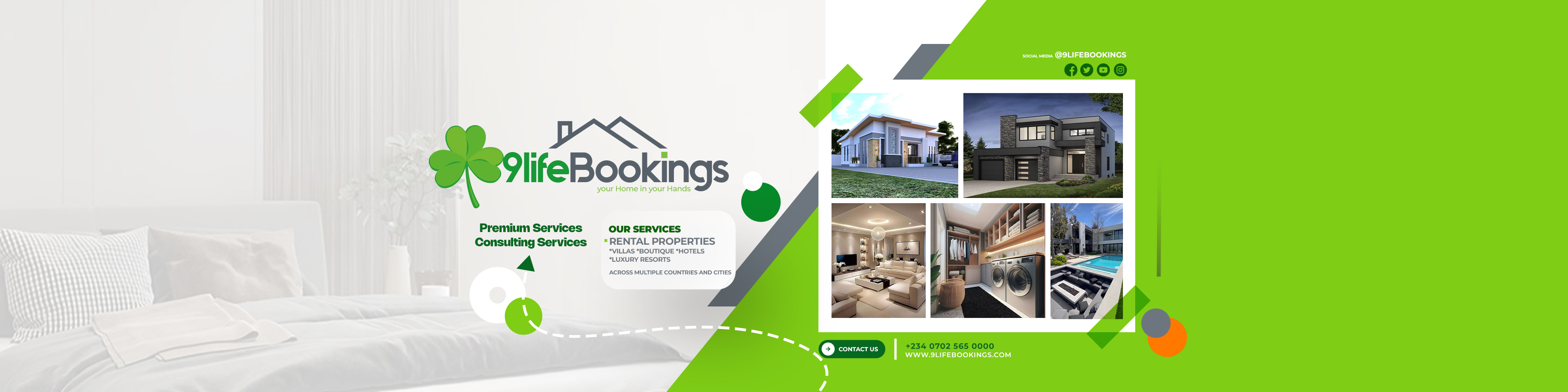 9LifeBookings LinkedIn Cover - Premium Services, Rental Properties, and Property Gallery